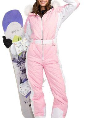 Tipsy Elves Pink and White Quilted Faux-Fur Hooded Snow Suit One-Piece